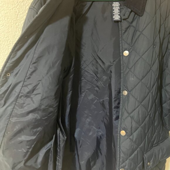 Chaps Navy Blue Quilted Puffer Jacket Snap Front and Pockets Corduroy Collar - Picture 6 of 7